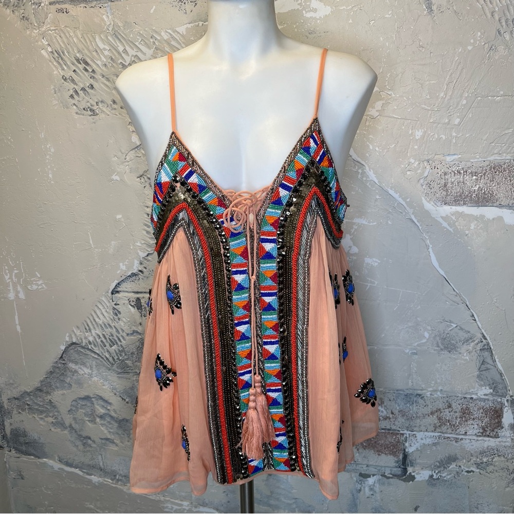 Boston Proper M beaded flowy tank top peach V neck tassel boho maximalist